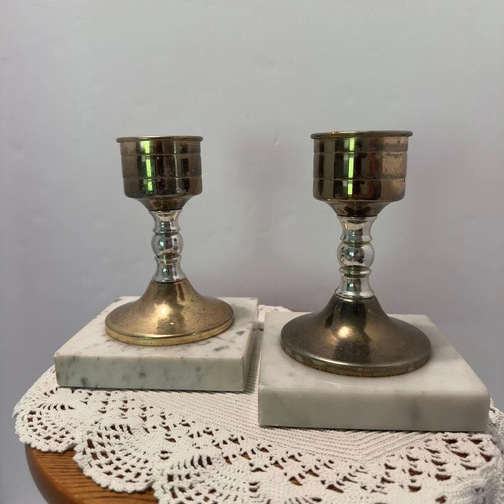 Vintage Brass Silver Metal Candle Holders White Marble Square Base Pair Set of 2